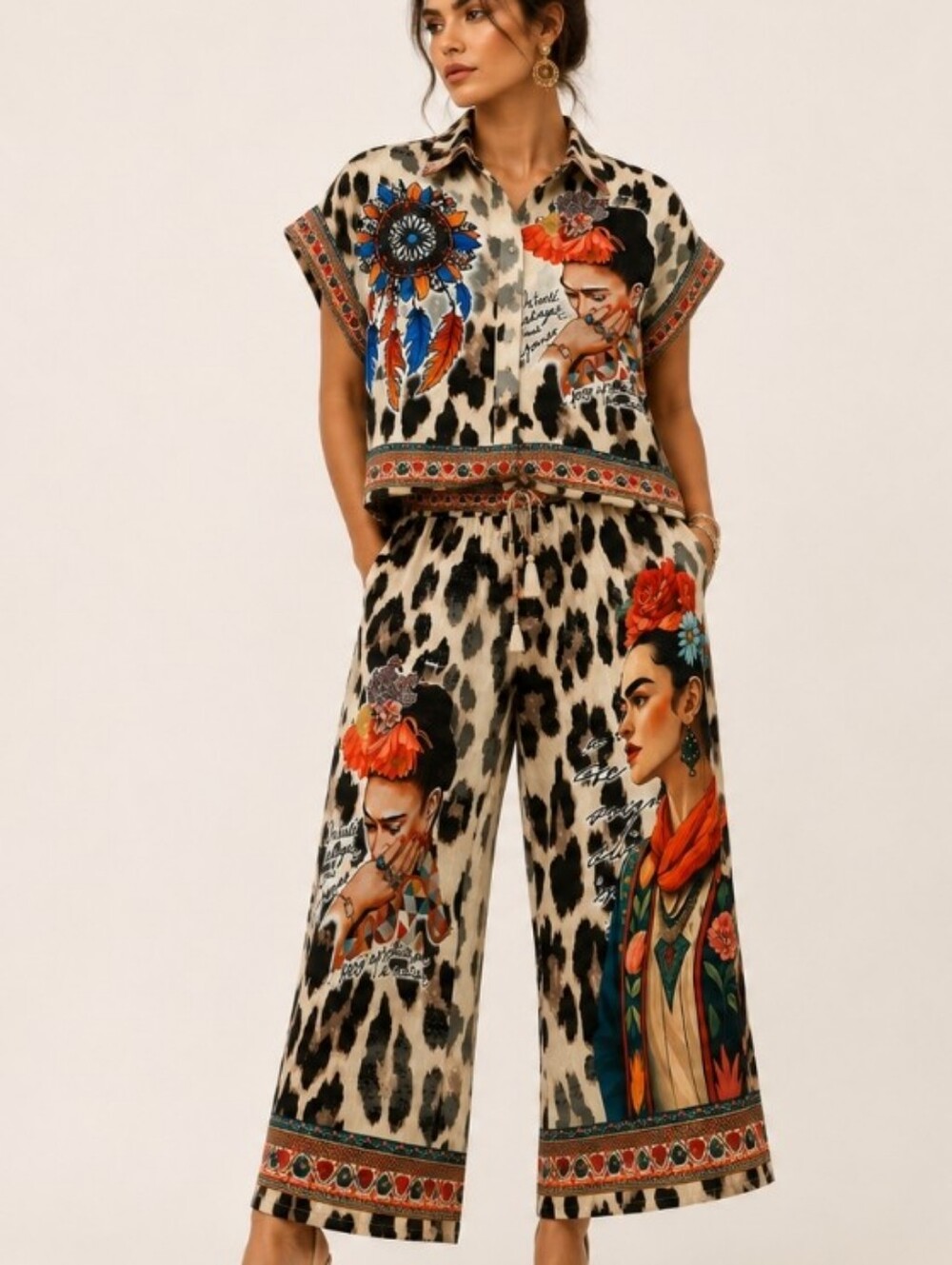 Frida Kahlo Linen Blend Leopard Print Set Made In Italy